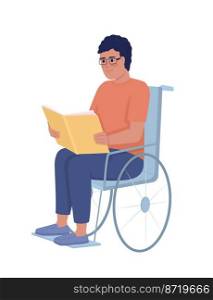 Man with disability reading book semi flat color vector character. Editable figure. Full body person on white. Hobby simple cartoon style illustration for web graphic design and animation. Man with disability reading book semi flat color vector character