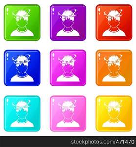 Man with dizziness icons of 9 color set isolated vector illustration. Man with dizziness icons 9 set