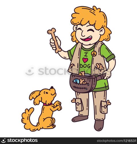 Man with dog. Isolated objects on white background. Cartoon vector illustration.