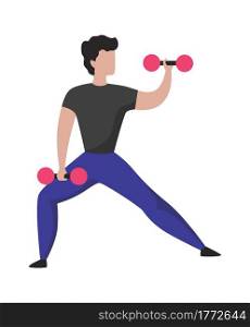 Man with dumbbells. Sport training. Cartoon athletic character lifting weights. Isolated bodybuilder doing exercises. Muscular male holding barbells. Powerlifting workout. Vector strong sportsman. Man with dumbbells. Sport training. Cartoon athletic character lifting weights. Isolated bodybuilder doing exercises. Powerlifting workout. Vector muscular sportsman holding barbells