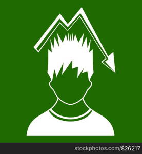 Man with falling red graph over head icon white isolated on green background. Vector illustration. Man with falling red graph over head icon green
