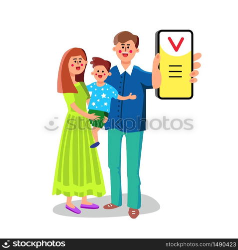 Man With Family Showing Smart Phone App Vector. Happy Characters Mother And Boy Son, Father Show Device Mobile App. Electronic Communication Gadget Application Flat Cartoon Illustration. Man With Family Showing Smart Phone App Vector