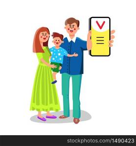 Man With Family Showing Smart Phone App Vector. Happy Characters Mother And Boy Son, Father Show Device Mobile App. Electronic Communication Gadget Application Flat Cartoon Illustration. Man With Family Showing Smart Phone App Vector