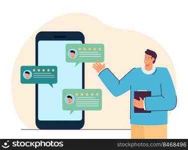 Man with feedback review from clients on screen of mobile phone. Customer review in rating bubble flat vector illustration. Social media, survey concept for banner, website design or landing web page. Man with feedback review from clients on screen of mobile phone