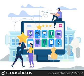 Man with Fishing Rod Catch Golden Star and Put it on Computer Monitor with Opened Web Online Store Application. Businessman Hold Star in Hands, Woman Using Smartphone Cartoon Flat Vector Illustration. Man with Rod Catch Gold Star Put it on PC Monitor