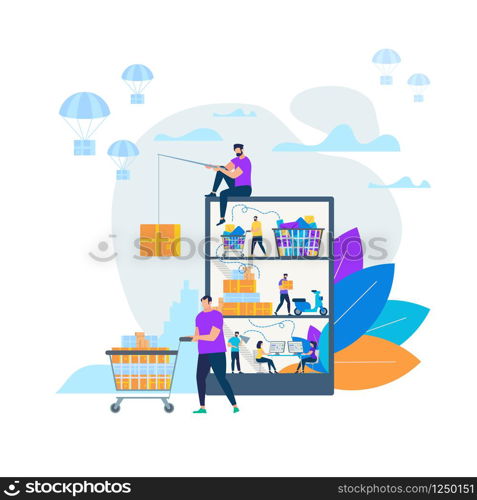 Man with Fishing Rod Sitting on Huge Smartphone, Catching Box. People Making Online Shopping. Goods Delivery Service. Man Drive Trolley, Parachutes Flying with Boxes. Cartoon Flat Vector Illustration. Online Shopping and Delivery Vector Illustration