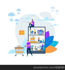 Man with Fishing Rod Sitting on Huge Smartphone, Catching Box. People Making Online Shopping. Goods Delivery Service. Man Drive Trolley, Parachutes Flying with Boxes. Cartoon Flat Vector Illustration. Online Shopping and Delivery Vector Illustration