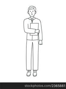 Man with folder doodle style isolated vector illustration. Guy with documents. Office employee or student linear simple person. Man with folder doodle style isolated vector illustration