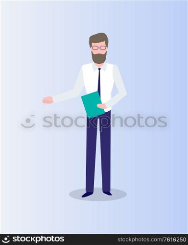 Man with folder in hands isolated on blue. Vector cartoon male with book or report, pointing on something. Businessman in official cloth, flat design. Man with Folder in Hands Isolated on Blue Vector