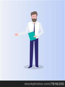 Man with folder in hands isolated on blue. Vector cartoon male with book or report, pointing on something. Businessman in official cloth, flat design. Man with Folder in Hands Isolated on Blue Vector