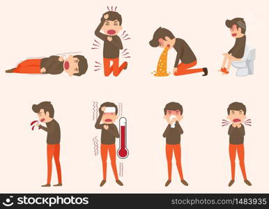 Man With Food Poisoning Symptoms, Stomach, Internal Organs, Body, Physical, Sickness, Anatomy, Sick characters set of people with pain and diseases isolated vector illustration. Health and medical.