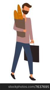 Man with freshly baked bread in hands vector, isolated character returning home from market flat style. Male at supermarket husband with packages. Man Walking from Market with Bread in Bag Vector