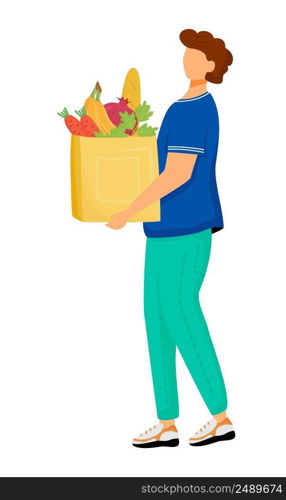 Man with full bag of fruits and vegetables semi flat color vector character. Posing figure. Full body person on white. Simple cartoon style illustration for web graphic design and animation. Man with full bag of fruits and vegetables semi flat color vector character