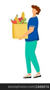 Man with full bag of fruits and vegetables semi flat color vector character. Posing figure. Full body person on white. Simple cartoon style illustration for web graphic design and animation. Man with full bag of fruits and vegetables semi flat color vector character