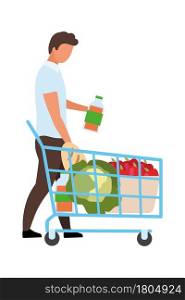 Man with full shopping cart semi flat color vector character. Full body person on white. Visiting supermarket isolated modern cartoon style illustration for graphic design and animation. Man with full shopping cart semi flat color vector character