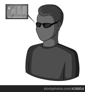 Man with future high tech smart glasses icon in monochrome style isolated on white background vector illustration. Man with future high tech smart glasses icon