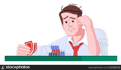 Man with gambling disorder semi flat RGB color vector illustration. Compulsive gambler. Search for pleasure. Person with addictive personality isolated cartoon character on white background. Man with gambling disorder semi flat RGB color vector illustration