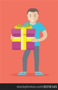 Man With Gift Box Flat Design Vector Illustration. Giving present concept. Smiling man standing with gift box decorated ribbon and bow flat vector illustration isolated on red background. Birthday, valentine, christmas celebrating. For greeting card. Man With Gift Box Flat Design Vector Illustration