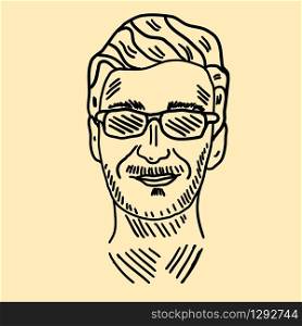 Man with glasses drawing, illustration, vector on white background.