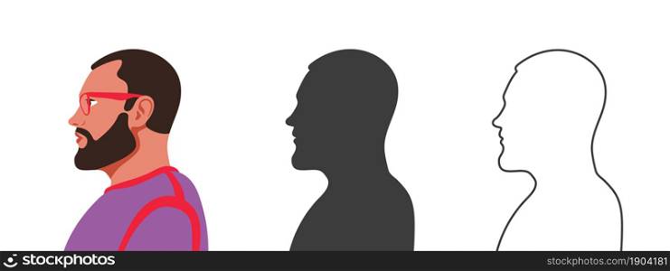 Man with glasses face from the side. Silhouettes of people in three different styles. Profile of a Face. Vector illustration