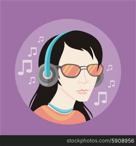 Man with glasses in headphones listening to music. Lifestyle concept in cartoon style. Handsome young man in headphones