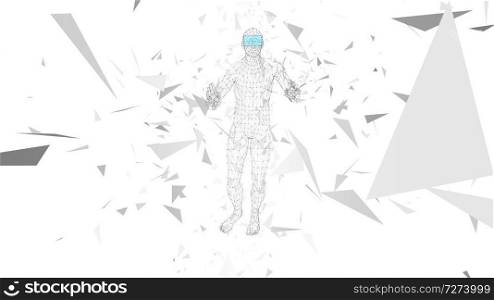 Man with glasses of virtual reality. Future technology concept. Abstract vr world with connecting lines, dots and triangles. 3D vector illustration. Man with glasses of virtual reality. Future technology concept. Abstract vr world with connecting lines, dots and triangles. 3D vector illustration.