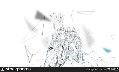 Man with glasses of virtual reality. Future technology concept. Abstract vr world with connecting lines, dots and triangles. 3D vector illustration. Man with glasses of virtual reality. Future technology concept. Abstract vr world with connecting lines, dots and triangles. 3D vector illustration.