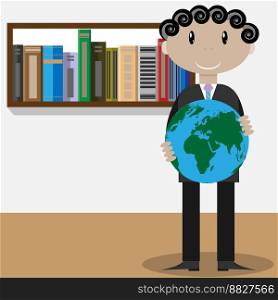 Man with globe. Geography presentation, work and knowledge, vector graphic illustration. Man with globe
