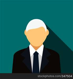 Man with gray hair in a black suit icon in flat style on a turquoise background. Man with gray hair in a suit icon, flat style