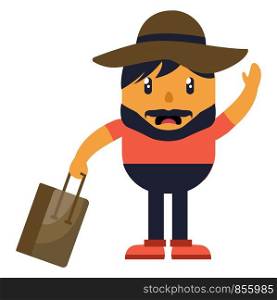 Man with hat holding a bag, illustration, vector on white background.