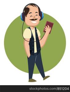 Man with headphones, illustration, vector on white background.