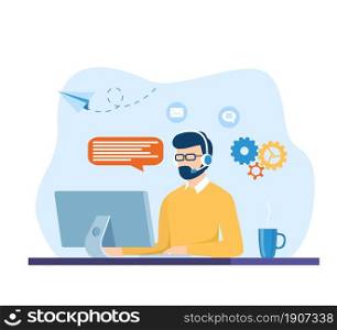 Man with headset is sitting at his computer. Clients assistance, call center, hotline operator, consultant manager, technical support and customer care. Vector illustration in flat style Vector illustration in flat style. Man with headset