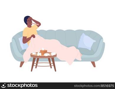 Man with high temperature resting on sofa semi flat color vector character. Editable figure. Full body person on white. Fever simple cartoon style illustration for web graphic design and animation. Man with high temperature resting on sofa semi flat color vector character
