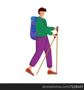 Man with hiking sticks flat vector illustration. Camping activity. Cheap travelling choice. Active vacation. Budget tourism. Walking tour isolated cartoon character on white background. Man with hiking sticks flat vector illustration