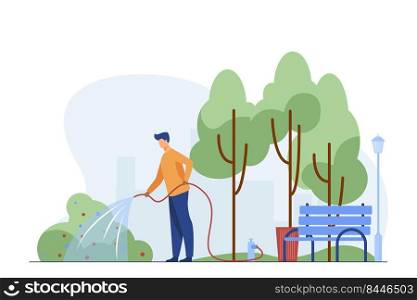 Man with hose watering bush in city park. Gardener, state worker, municipal service flat vector illustration. Urban greening, landscaping work concept for banner, website design or landing web page