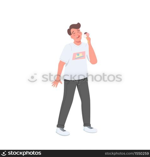 Man with ice cream flat color vector detailed character. Guy eating cold treat. Happy male hold cool gelato. Good taste isolated cartoon illustration for web graphic design and animation. Man with ice cream flat color vector faceless character