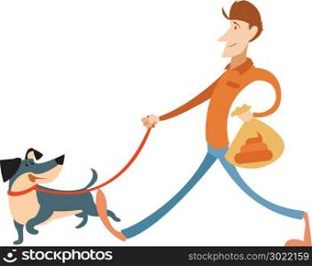 Man with its dog and a bag for gogs poop. Vector image of the Man with its dog and a bag for gogs poop