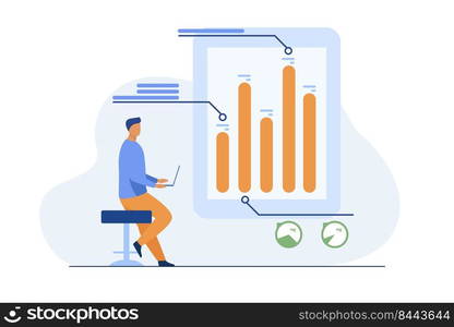 Man with laptop analyzing infographics. Diagram, bar chart, report flat vector illustration. Analysis, marketing, project manager concept for banner, website design or landing web page