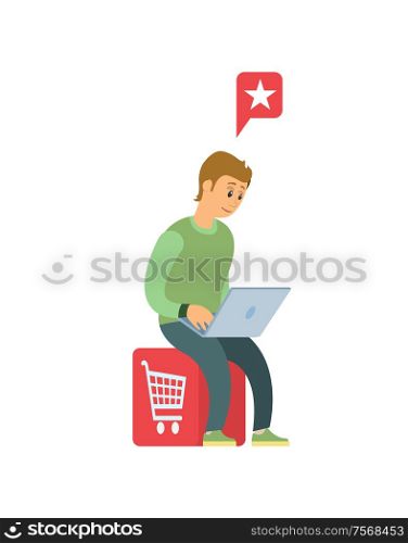 Man with laptop doing shopping in Internet isolated cartoon person. Vector buyer making bookmarks on web pages, sitting on chair with shopping cart image. Man with Laptop Do Shopping in Internet Isolated