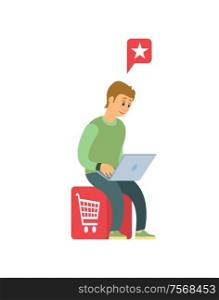 Man with laptop doing shopping in Internet isolated cartoon person. Vector buyer making bookmarks on web pages, sitting on chair with shopping cart image. Man with Laptop Do Shopping in Internet Isolated