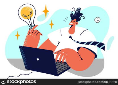 Man with laptop holds giant light bulb symbolizing innovative idea for business development. Happy businessman sitting at table with computer coming up with ideas for advertising own company. Man with laptop holds giant light bulb symbolizing innovative idea for business development