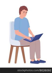 Man with laptop on lap sitting in armchair semi flat color vector character. Editable figure. Full body person on white. Simple cartoon style spot illustration for web graphic design and animation. Man with laptop on lap sitting in armchair semi flat color vector character