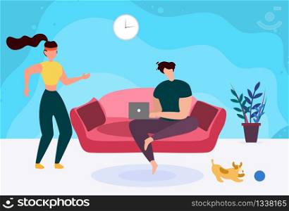 Man with Laptop on Sofa and Active Sporty Woman Cartoon. Young Married Couple in Living Room. Husband Freelancer Working on Computer, Wife Return from Morning Jogging. Vector Flat Illustration. Man with Laptop on Sofa and Active Sporty Woman