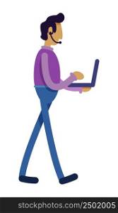 Man with laptop semi flat color vector character. Walking figure. Full body person on white. Fiction. Historical personage. Simple cartoon style illustration for web graphic design and animation. Man with laptop semi flat color vector character