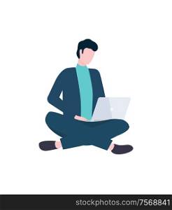 Man with laptop sit in lotus pose isolated vector character. Businessman or IT worker in suit with jumper, work on portable computer, programmer profession. Man with Laptop Sit in Lotus Pose Isolated Character
