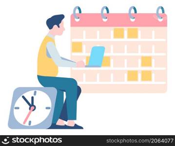 Man with laptop sitting on clock looking at calendar. Planning concept isolated on white background. Man with laptop sitting on clock looking at calendar. Planning concept