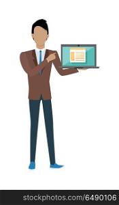 Man with Laptop. Standing man in brown jacket, blue pants and tie with laptop presents web infographic. Gray laptop with spreadsheet on blue screen. Website development project, SEO process information