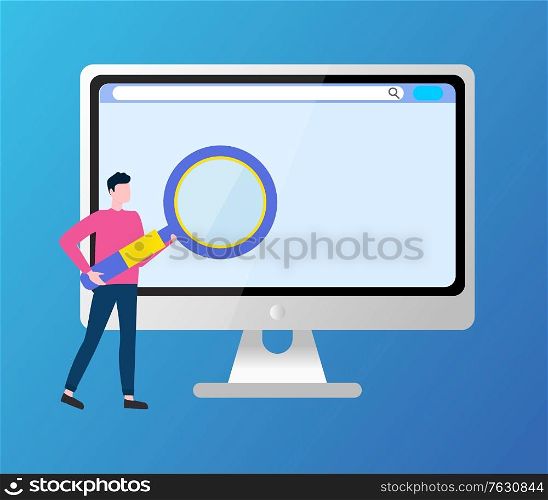 Man with laptop, user with internet service from provider, male holding magnifying glass and analyzing flat style. Display with empty monitor. Vector illustration in flat cartoon style. Man with Laptop and Magnifying Glass Analyzing