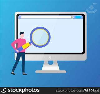 Man with laptop, user with internet service from provider, male holding magnifying glass and analyzing flat style. Display with empty monitor. Vector illustration in flat cartoon style. Man with Laptop and Magnifying Glass Analyzing