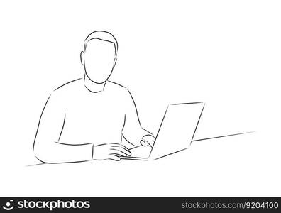 Man with laptop, vector. Hand drawn sketch. A man is sitting at a table with a laptop and typing text on the keyboard.